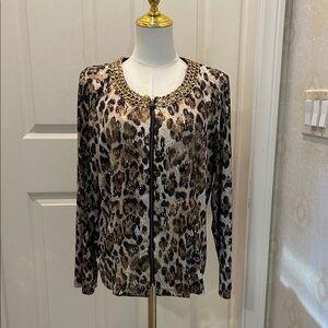 MSK Leopard Print Zip Up Top with Gold Details in Size Large
